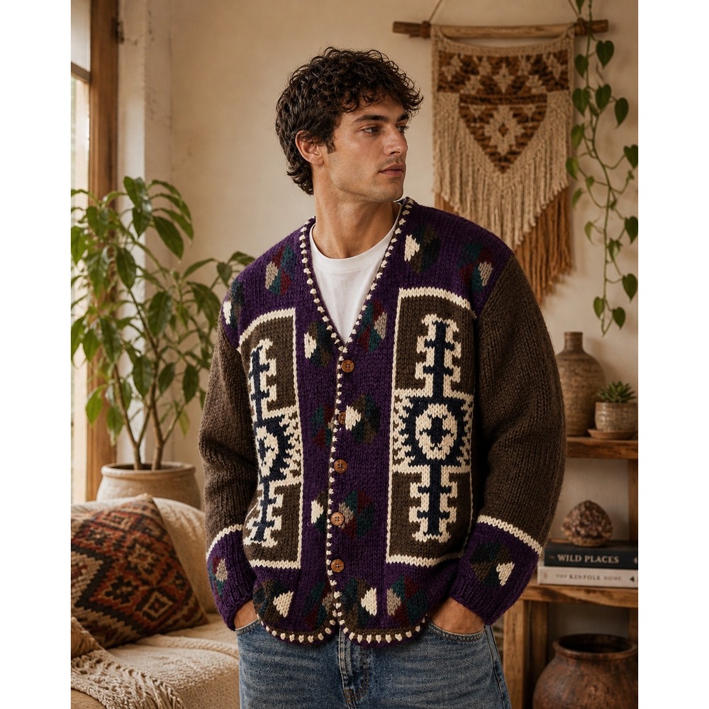 Backcountry Wool Cardigan Sweater Handmade Ecuador Purple Brown Geometric Mens L